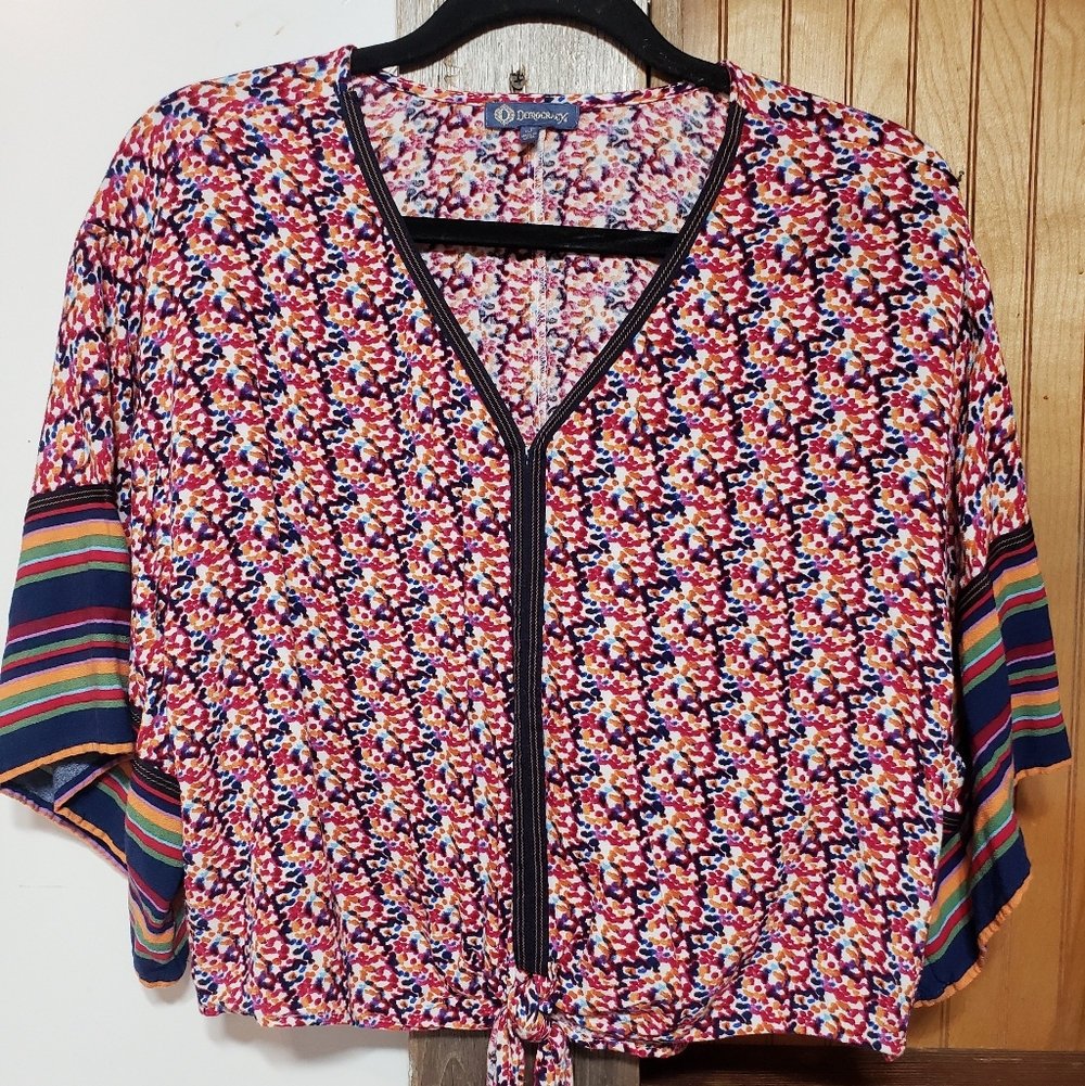 Democracy Boho Tie Front Blouse Oversized Slouchy Big Small,multi Color